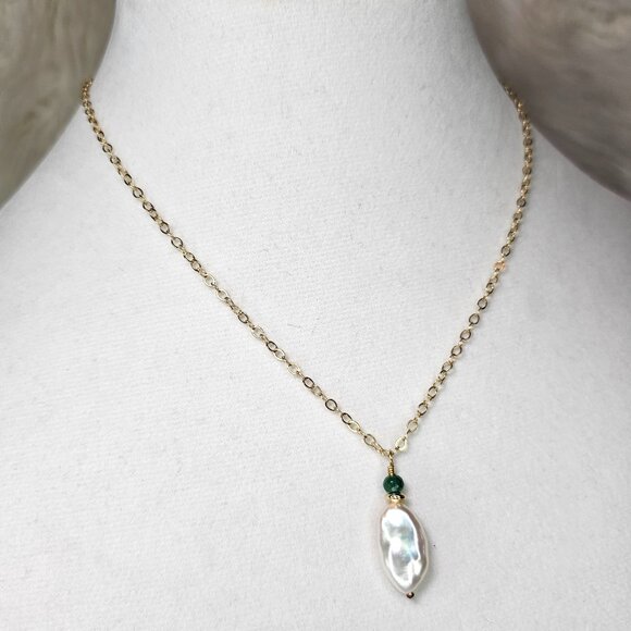 NEW!! Handmade 14K Yellow Gold Filled Chain Pearl Pendant Necklace 16" - Picture 1 of 6